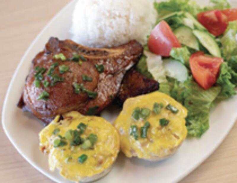 Fried Pork Chops. Crab Meatloaf w/ Rice